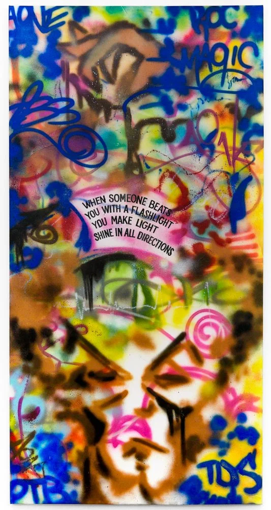 WHEN SOMEONE BEATS YOU WITH A FLASHLIGHT YOU MAKE LIGHT SHINE IN ALL DIRECTIONS, with A-One, c. 1983-84
Text: Survival, 1983–85
Photo: Kris Emmerson