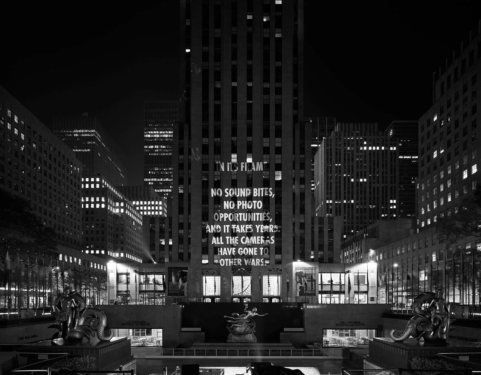 Site: Rockefeller Center, New York
September 29–October 2, 2005
Text: “The End and the Beginning” from View with a Grain of Sand by Wisława Szymborska, copyright © 1993 by the author. English translation by Stanisław Barańczak and Clare Cavanagh, cop