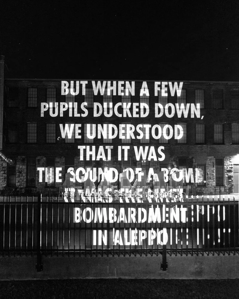 Site: Massachusetts Museum of Contemporary Art (Mass MoCA), North Adams, USA
May 27 – June 25, 2017
Text: Siza Gorozian quoted in A Postcard from Aleppo by Issa Touma,
© 2015 by the author. Used with permission of the author.
Photo: Ash Ferlito / Jak