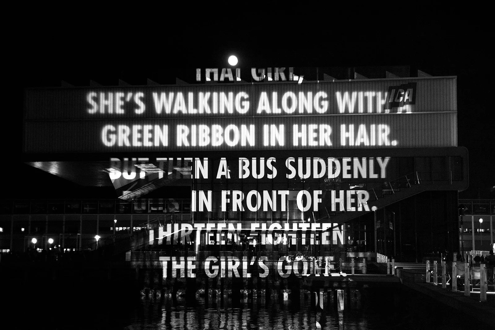 Site: Institute of Contemporary Art, Boston, Massachusetts, USA
July 23–28, 2010
Text: “The Terrorist, He’s Watching” from Poems New and Collected: 1957–1997 by Wisława Szymborska. English translation by Stanisław Barańczak and Clare Cavanagh, copyri