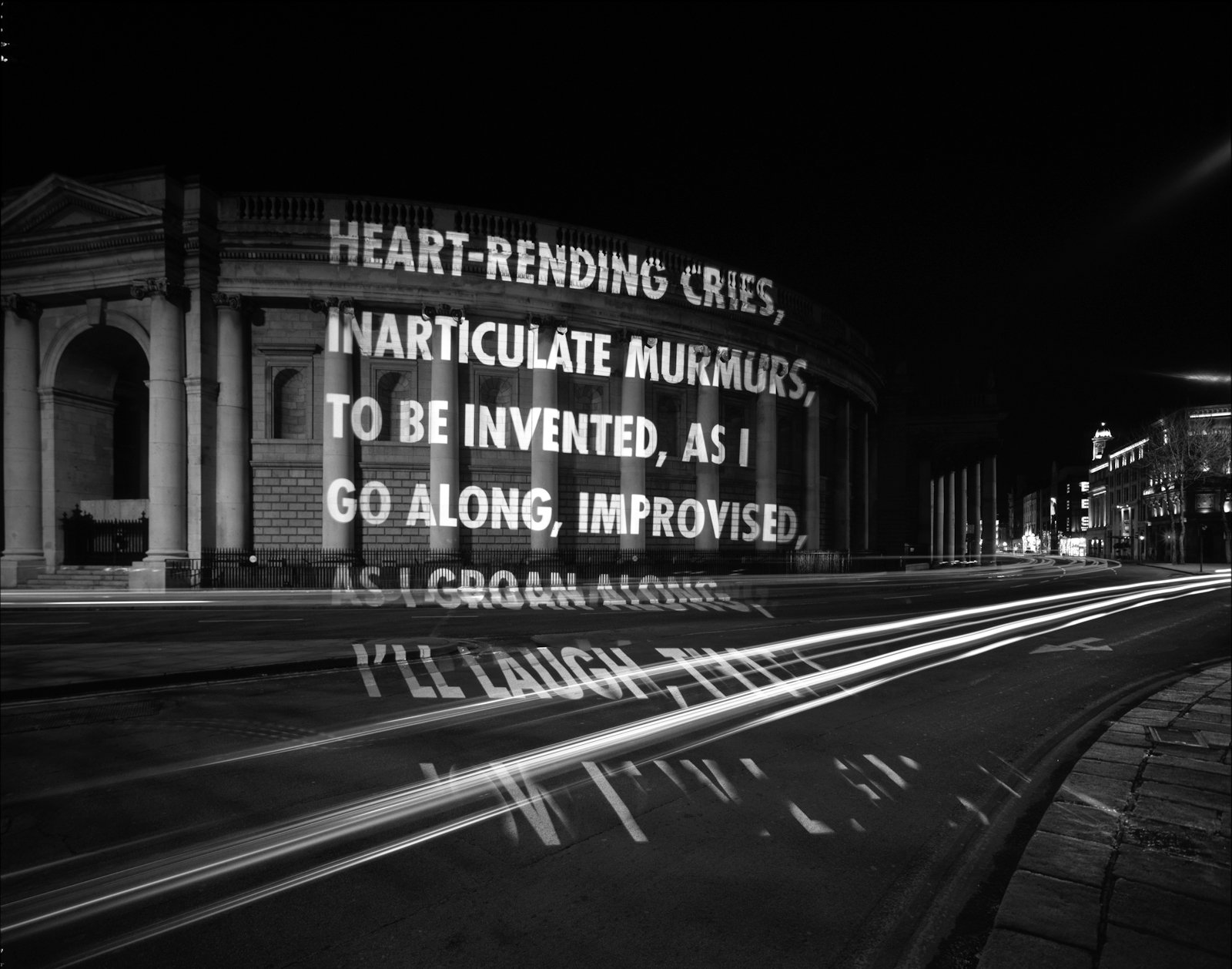 Site: Bank of Ireland, Dublin, Ireland
April 2, 2006
Text: The Unnamable by Samuel Beckett. Published by Calder Publications London.
Projection: FX Productions; Charles Passarelli
Photo: Attilio Maranzano