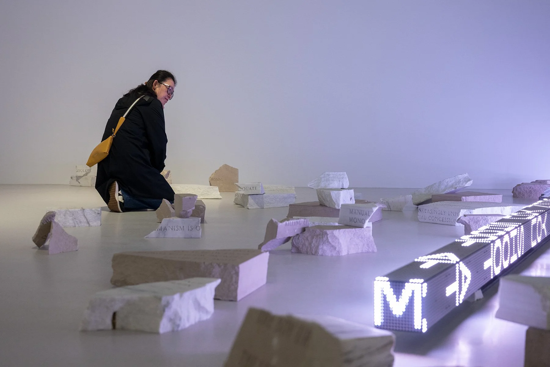 Broken, 2025 (detail) 
Broken granite, limestone, and marble benches

Ram, 2016 (detail) 
LED with blue, green, and red diodes
5.5 x 300 x 5.5 in. / 14 x 762 x 14 cm
Text: “When You Shoot at Me” from Building the Barricade by Anna Świrszczyńska, Engl