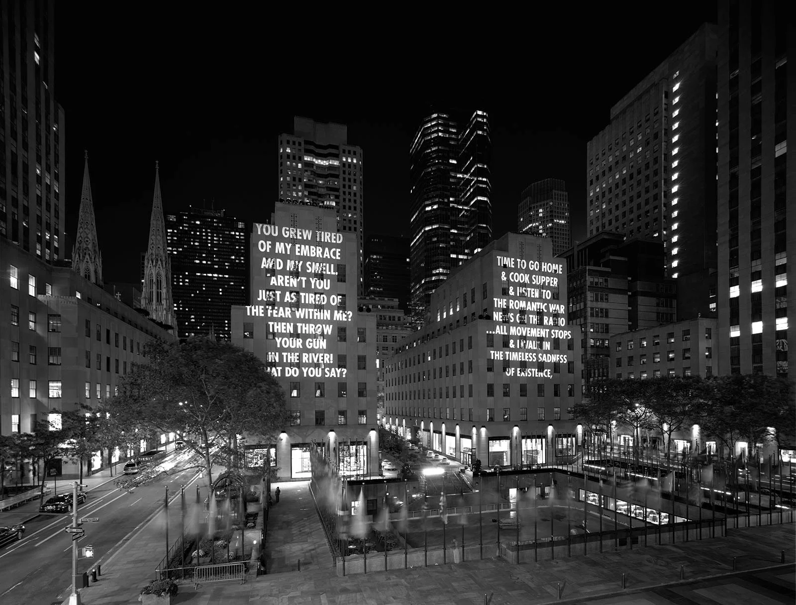 Site: Rockefeller Center, New York
September 29–October 2, 2005
Text: “He Embraces His Murderer” from Unfortunately, It Was Paradise by Mahmoud Darwish, copyright © 2003 by the Regents of the University of California. Used/reprinted with permission o