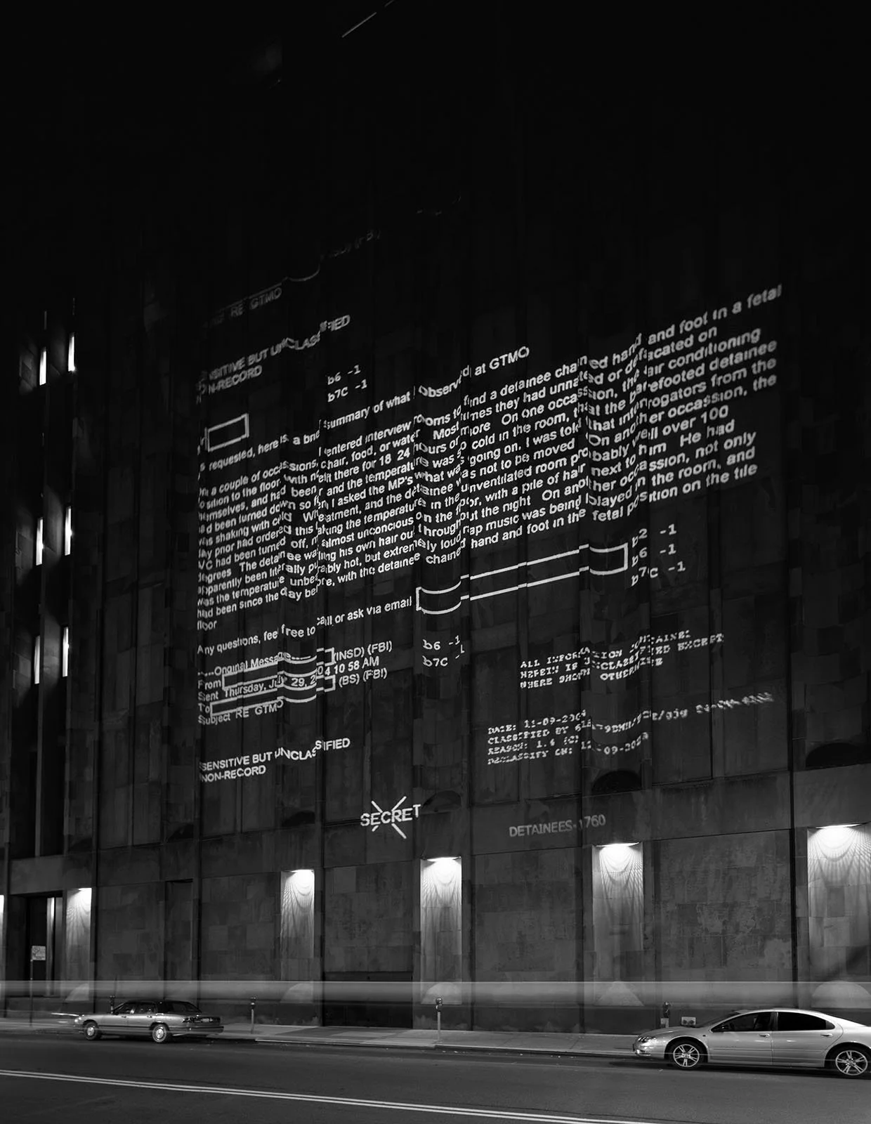 Site: Elmer Holmes Bobst Library, New York University, New York
October 3–5, 2005
Text: U.S. government document
Projection: FX Productions; Charles Passarelli
Photo: Attilio Maranzano
Presented by Creative Time