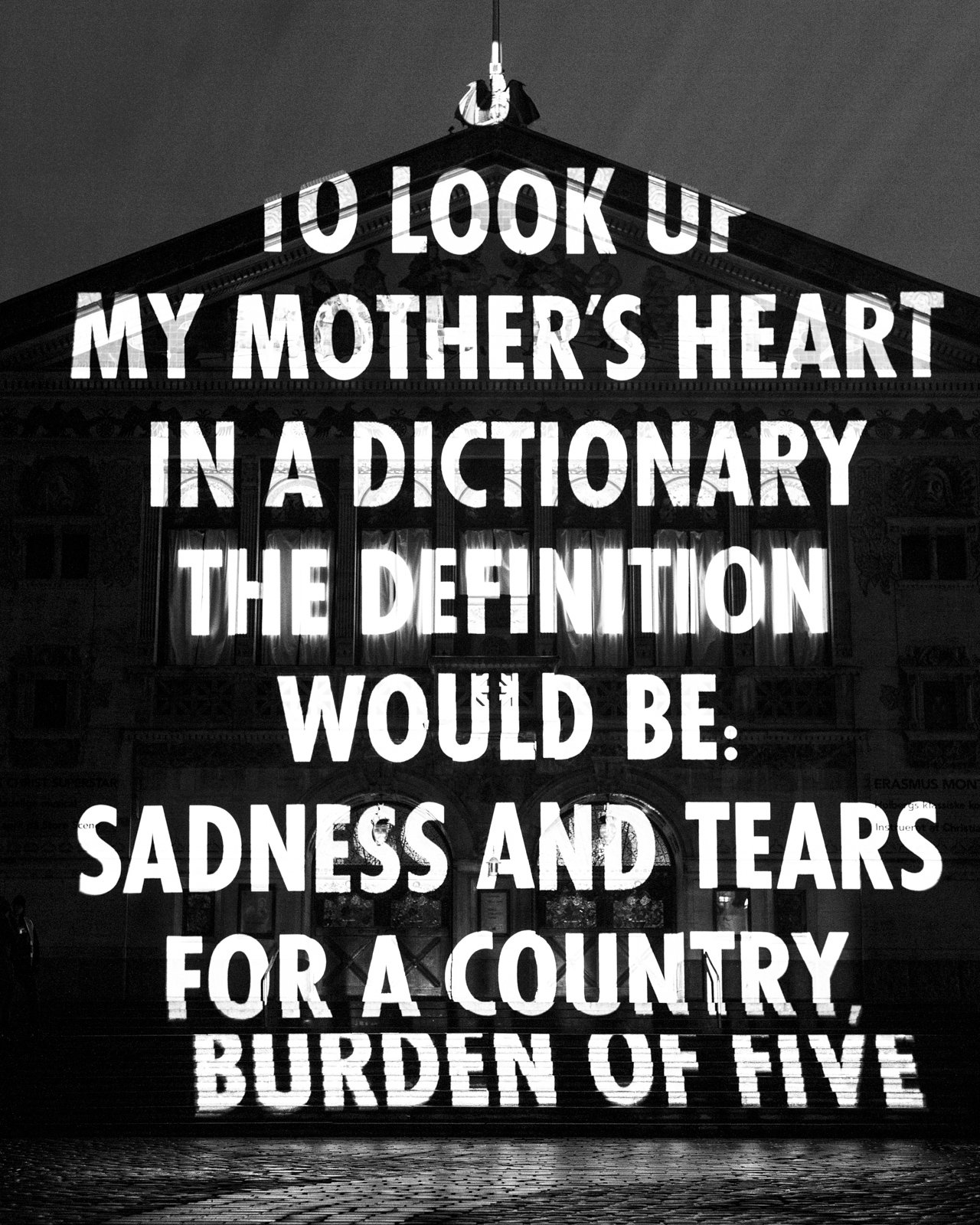 Site: Aarhus Theatre, Aarhus, Denmark
February 25 – March 6, 2017
Text: “My Mother’s Heart” by Barzan Abdul Ghani Jarjis, © 2016 by the author, from The Great Flight: Modern Poetry in Translation (Third Series), no. 1, 2016. English translation by Ja