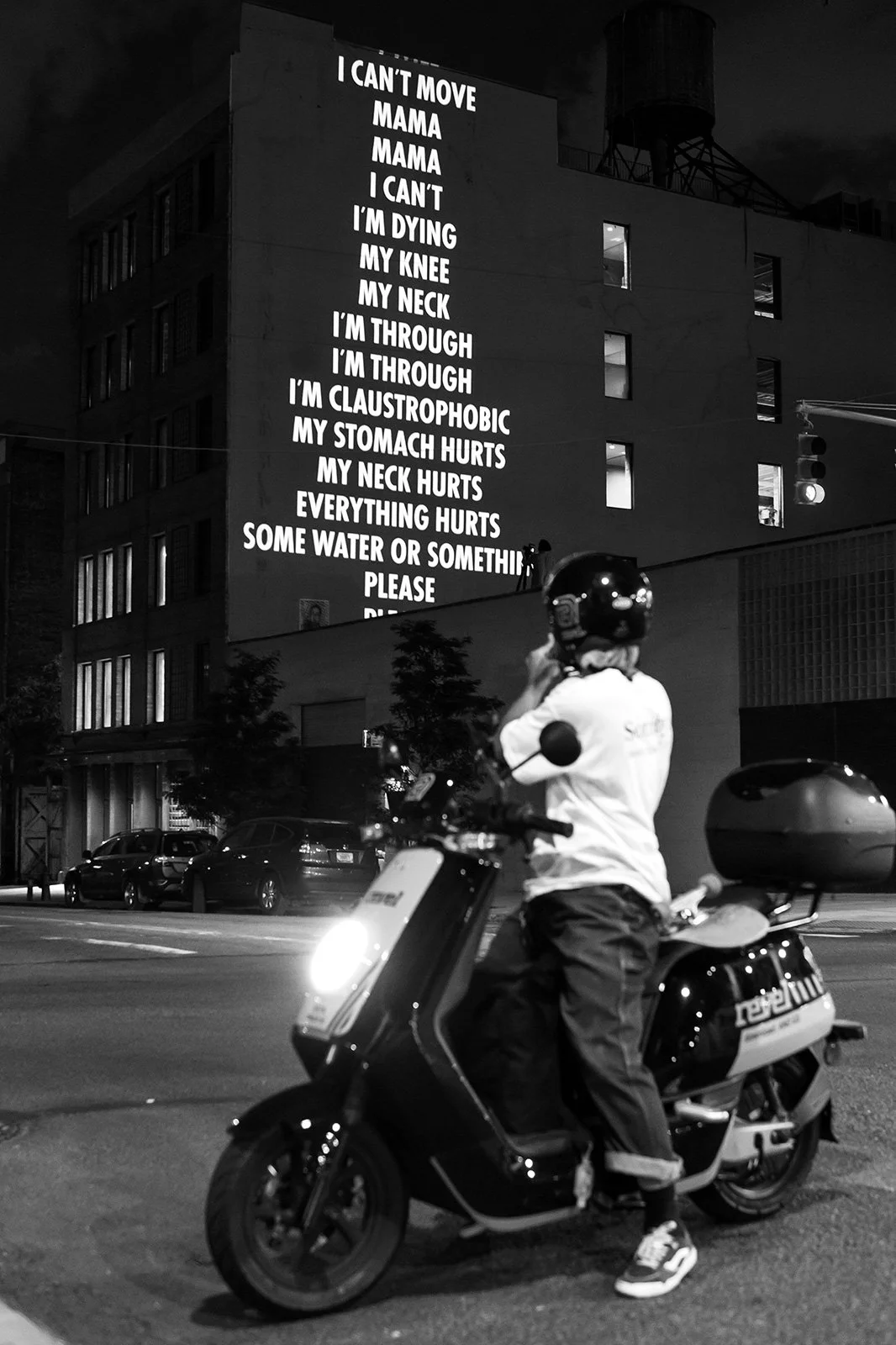 IN MEMORIAM, 2020
Light projection
77 Washington Avenue, New York
Text: Transcription of George Floyd’s last words plus 115 names of Black individuals who lost their lives to police violence and/or other forms of racial violence.
© 2020 Jenny Holzer,