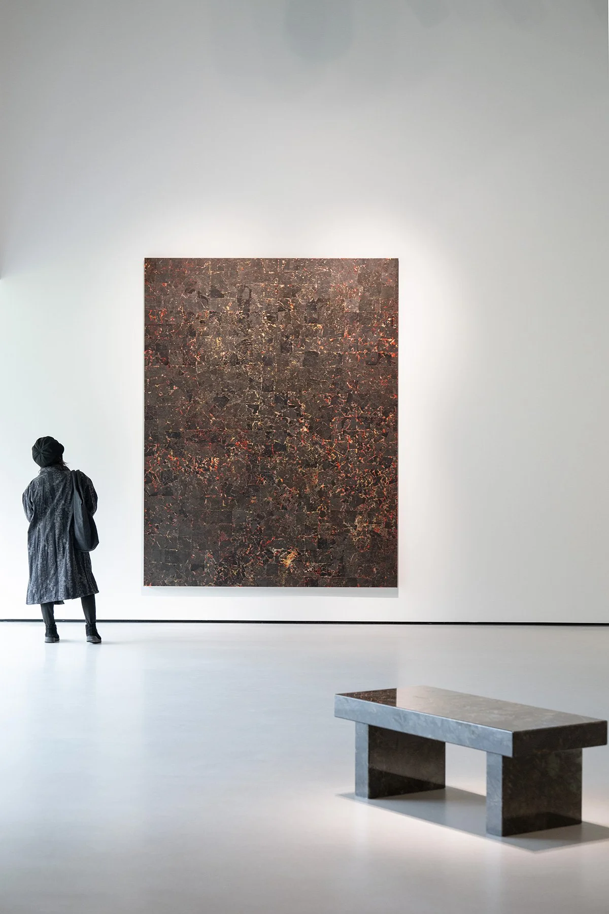 PORTRAIT, 2024
24k gold, black oxide silver, champagne gold, and moon gold leaf and oil on linen
102.25 x 79 in. / 259.7 x 200.7 cm

Survival: Protect me…, 2018
Dark Labradorite bench
17 x 46 x 20 in. / 43.2 x 116.8 x 50.8 cm
Text: Survival, 1983–85
