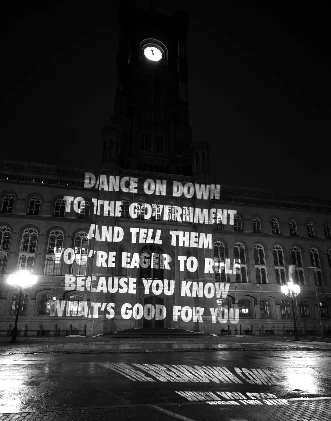 Site: Berlin Town Hall, Berlin, Germany
February 5, 2001
Text: Survival, 1983–85
Projection: FX Productions; Charles Passarelli
Photo: Attilio Maranzano