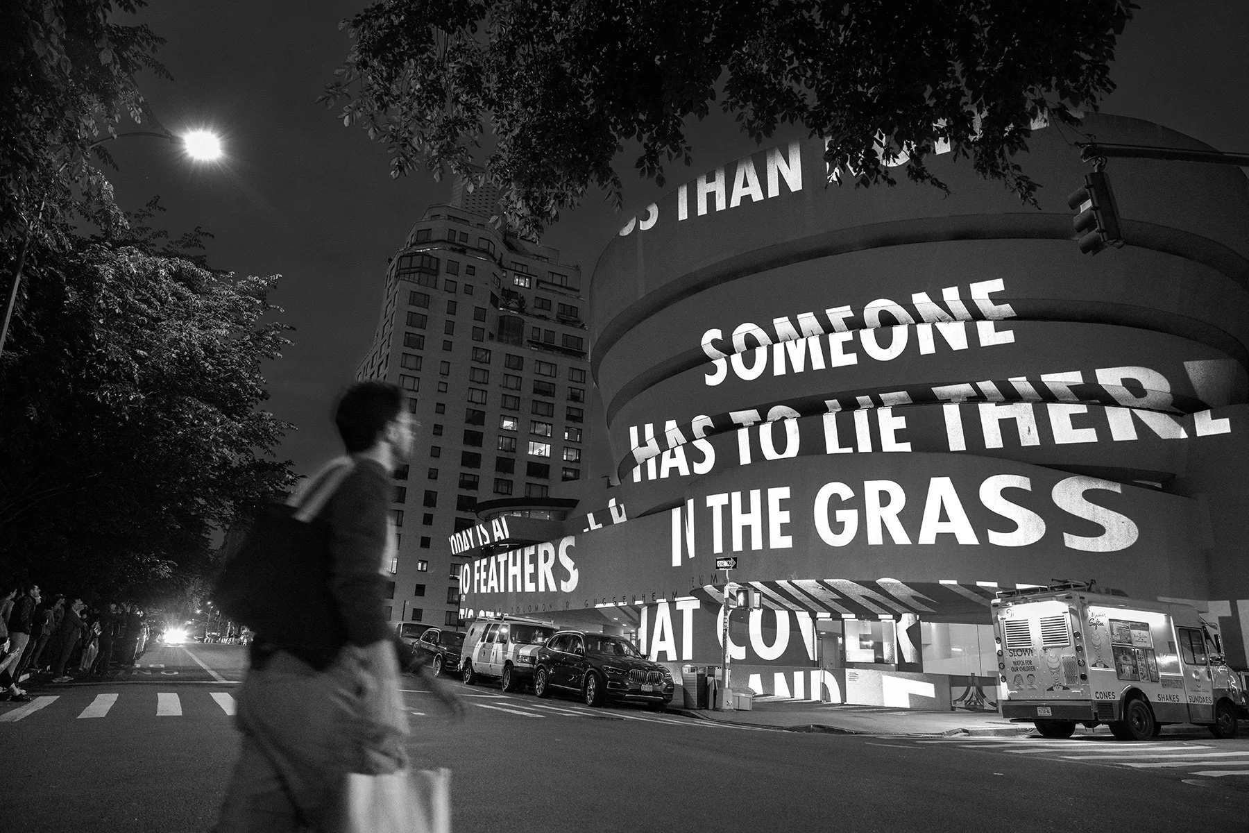 For The Guggenheim, 2008/2024
Light projection
Solomon R. Guggenheim Museum, New York
Text: “The End and the Beginning” from Map: Collected and Last Poems by Wisława Szymborska, © 1993 by the Wisława Szymborska Foundation, www.szymborska.org.pl. Engl
