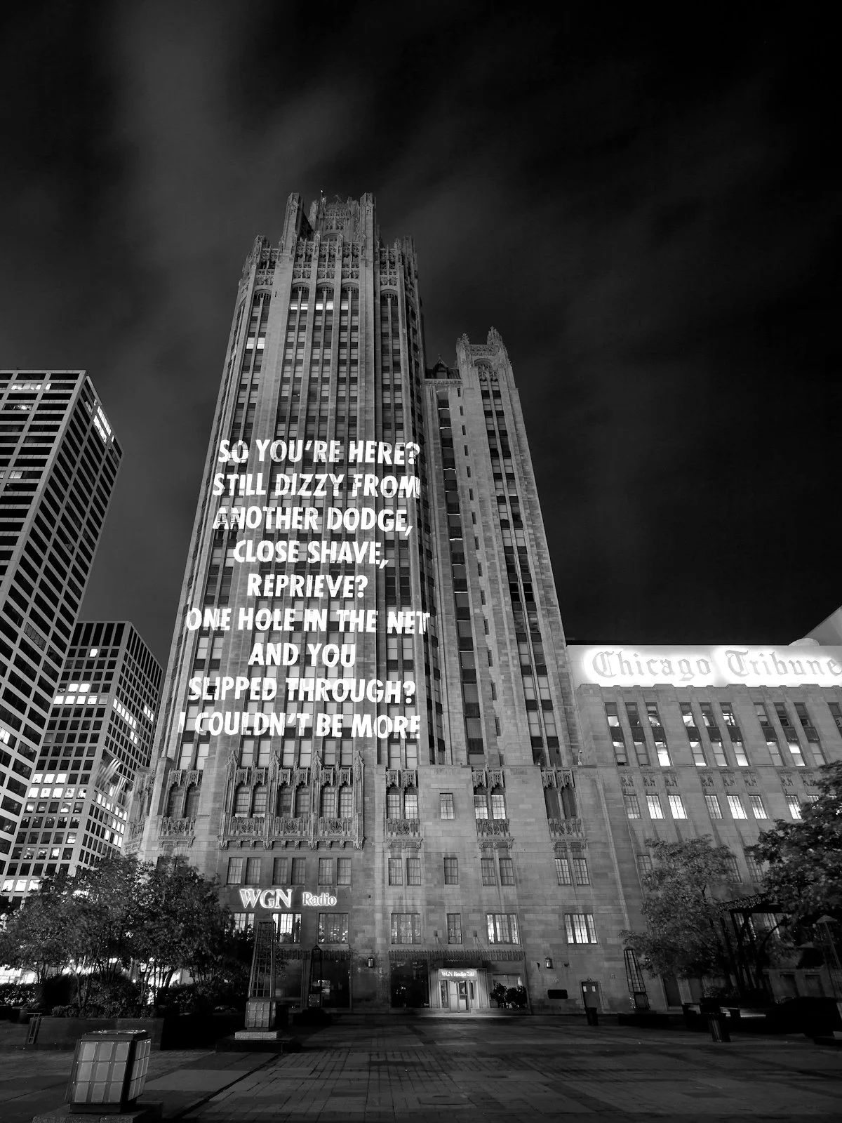 Site: Tribune Tower, Chicago
November 2, 2008
Text: “Could Have” from View with a Grain of Sand by Wisława Szymborska, copyright © 1993 by the author. English translation by Stanisław Barańczak and Clare Cavanagh, copyright © 1995 by Houghton Mifflin