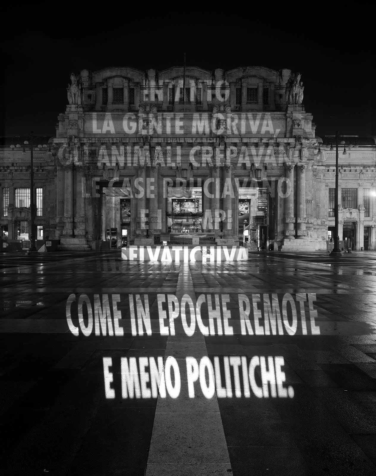 Site: Central Station, Milan, Italy
March 31, 2007
Text: “Figli dell’epoca” from Vista con granello di sabbia by Wisława Szymborska. Italian translation by Pietro Marchesani, copyright © 1998 by Adelphi Edizioni S.p.A. Used/reprinted with permission 
