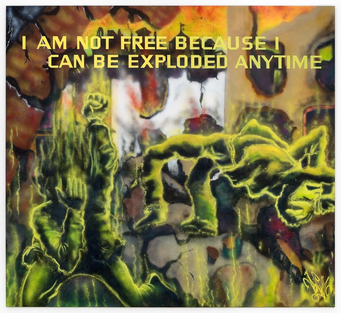 I AM NOT FREE BECAUSE I CAN BE EXPLODED AT ANYTIME, with Lady Pink, c. 1983–84
Text: Survival, 1983–85
Photo: Kris Emmerson