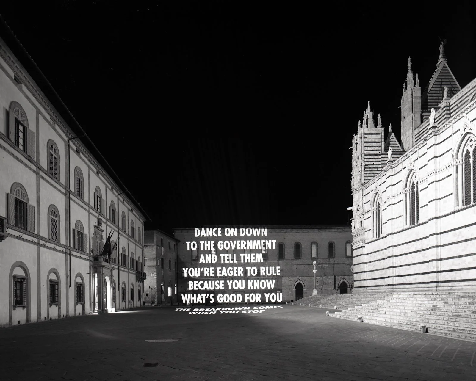 Site: Santa Maria della Scala, Piazza Duomo, Siena, Italy
February 28–May 24, 2009
Text: Survival, 1983–85
Projection: FX Productions; Charles Passarelli
Photo: Attilio Maranzano