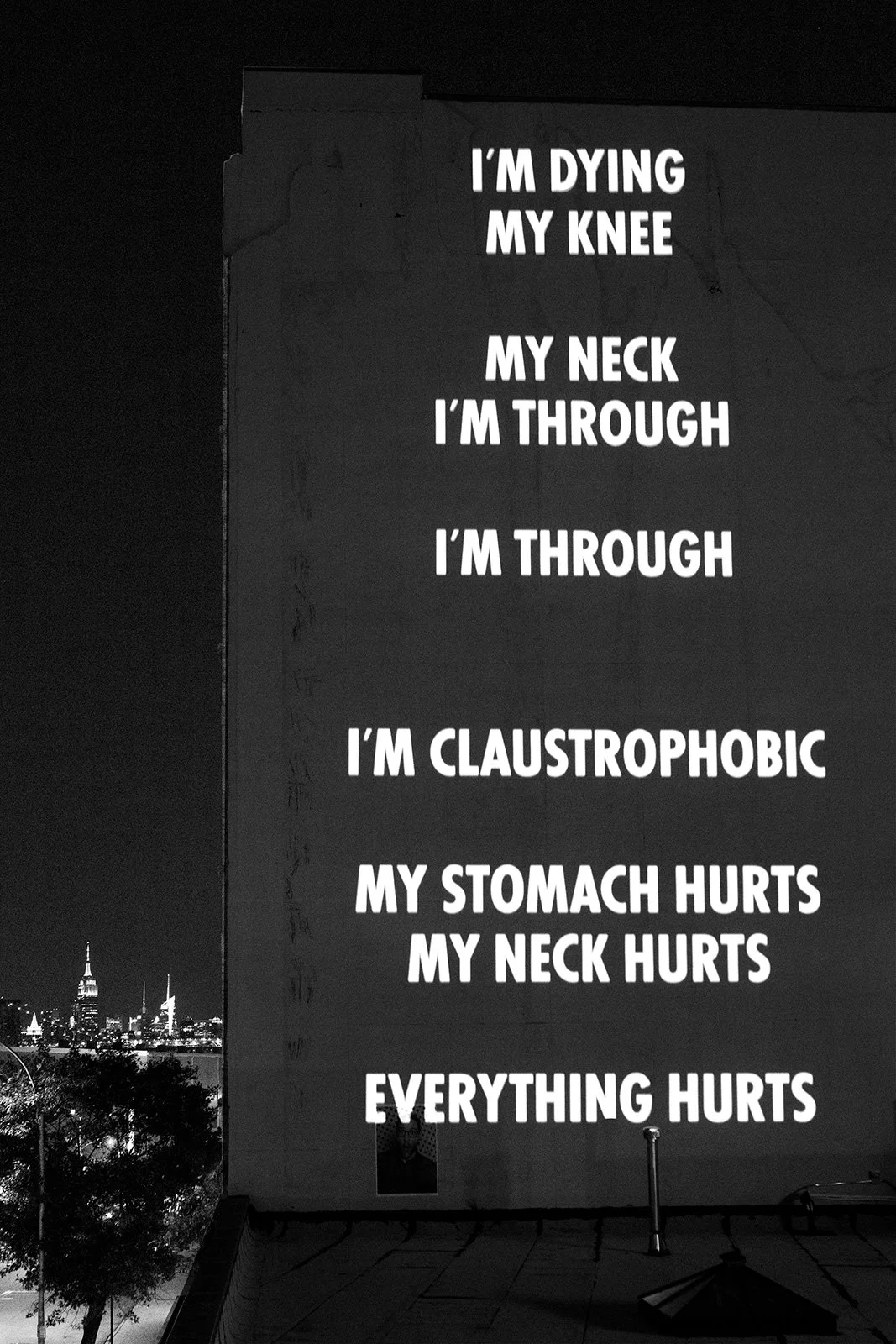 IN MEMORIAM, 2020
Light projection
77 Washington Avenue, New York
Text: Transcription of George Floyd’s last words plus 115 names of Black individuals who lost their lives to police violence and/or other forms of racial violence.
© 2020 Jenny Holzer,