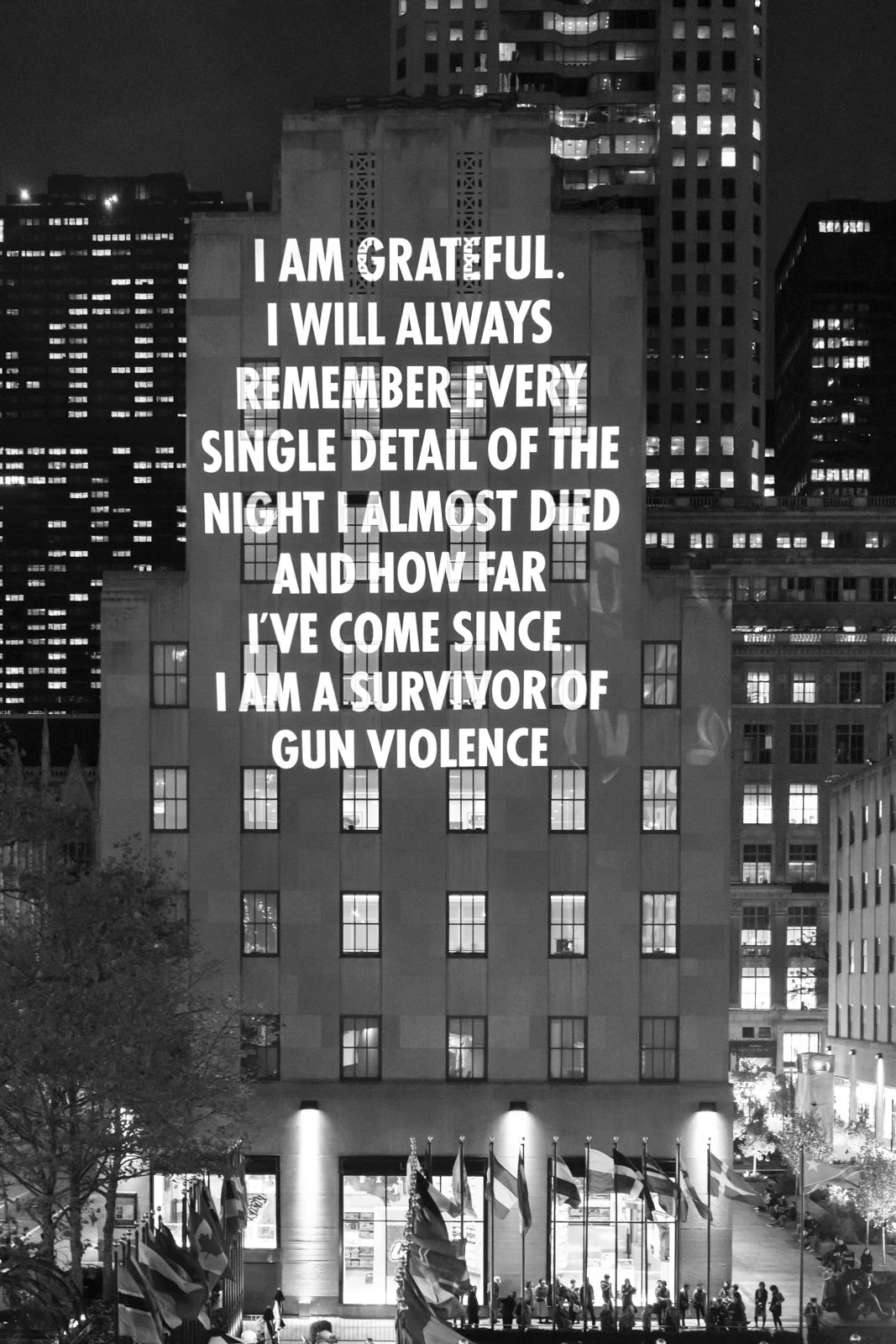 VIGIL, 2019
Light projection
Rockefeller Center, New York
Testimony by Megan Hobson, © 2019 by the author, from the Moments That Survive website of everytown.org, September 20, 2019. Used with permission of the author.
Presented by Creative Time
© 20