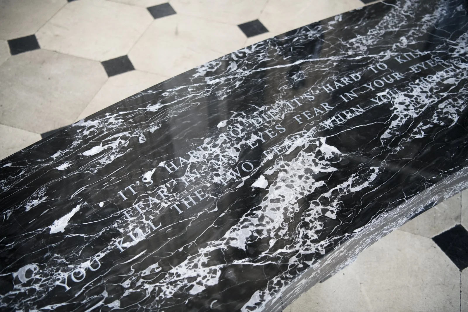 TWO FEARS, 2017
Installation: SOFTER: Jenny Holzer at Blenheim Palace, Blenheim Palace, Woodstock, England, 2017
September 29–December 31, 2017
Text: “When You Shoot at Me” from Building the Barricade by Anna Świrszczyńska, English translation by Pio