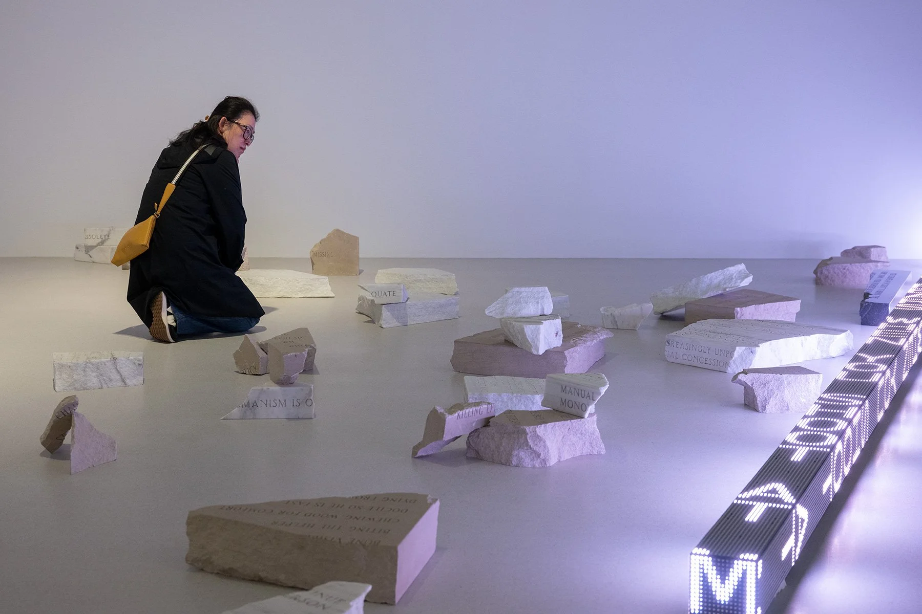 Broken, 2025 (detail) 
Broken granite, limestone, and marble benches

Ram, 2016 (detail) 
LED with blue, green, and red diodes
Text: “When You Shoot at Me” from Building the Barricade by Anna Świrszczyńska, English translation by Piotr Florczyk, © 20