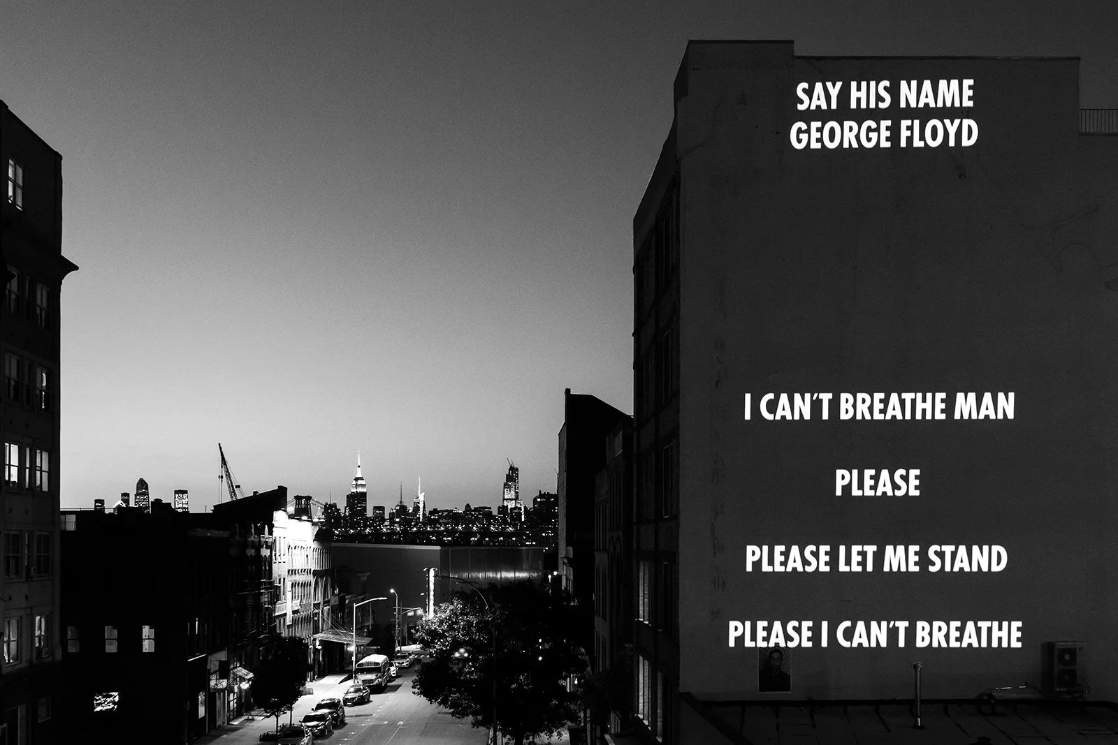 IN MEMORIAM, 2020
Light projection
77 Washington Avenue, New York
Text: Transcription of George Floyd’s last words plus 115 names of Black individuals who lost their lives to police violence and/or other forms of racial violence.
© 2020 Jenny Holzer,