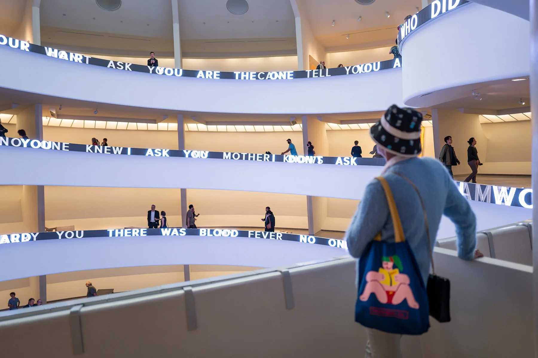 Installation for the Solomon R. Guggenheim Museum, 1989/2024
LED sign with blue, green, & red diodes
16.375 x 1944 in. / 41.6 x 4937.8 cm
Text: Arno, 1996
Installation: Jenny Holzer: Light Line, Solomon R. Guggenheim Museum, New York, 2024
© 2024 Jen