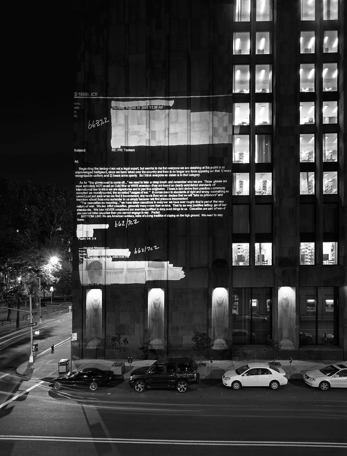 Site: Elmer Holmes Bobst Library, New York University, New York
October 3–5, 2005
Text: U.S. government document
Projection: FX Productions; Charles Passarelli
Photo: Attilio Maranzano
Presented by Creative Time