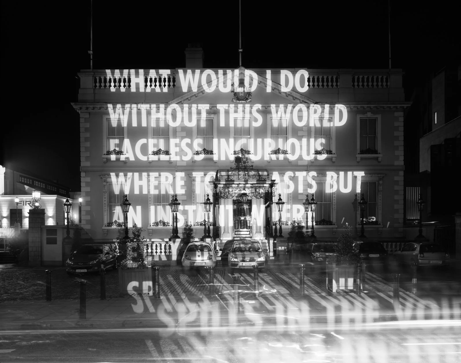Site: Mansion House, Dublin, Ireland
April 1, 2006
Text: “what would I do without this world” by Samuel Beckett. Published by Calder Publications London.
Projection: FX Productions; Charles Passarelli
Photo: Attilio Maranzano