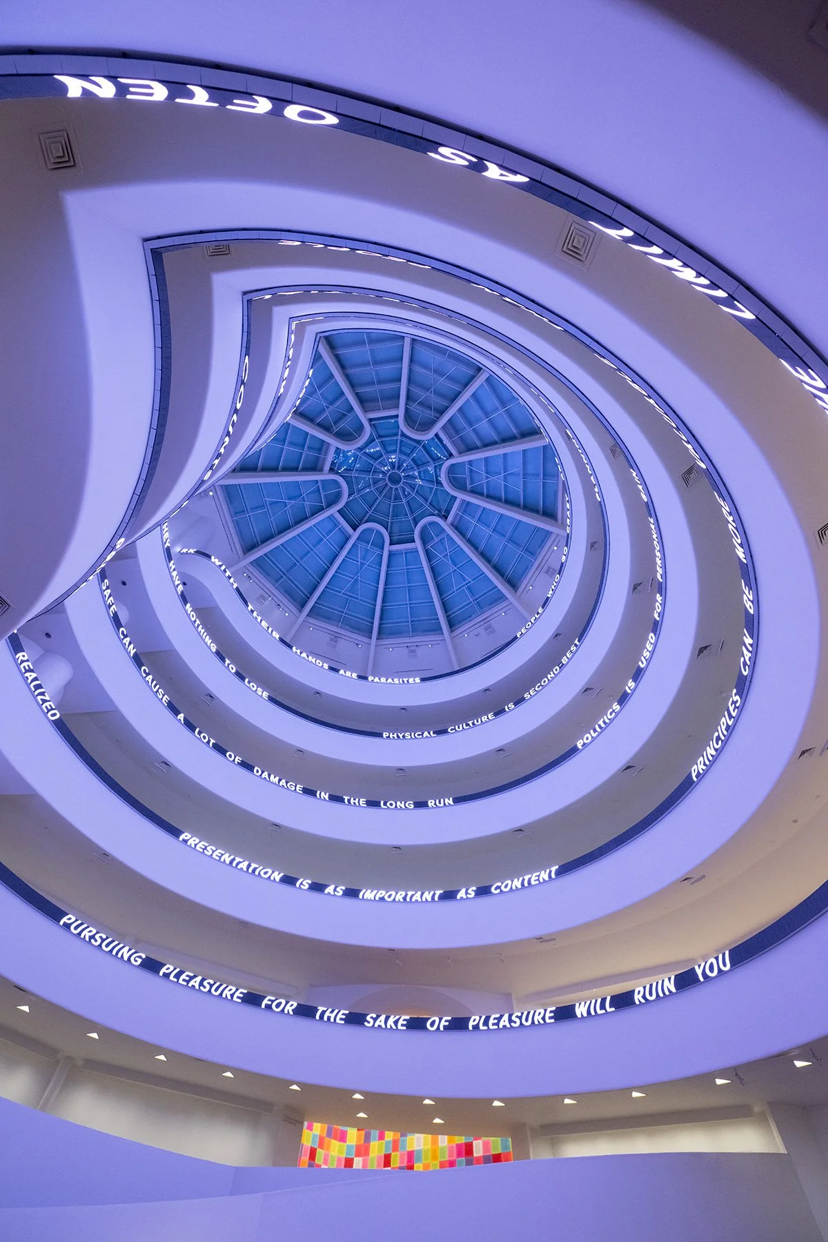 Installation for the Solomon R. Guggenheim Museum, 1989/2024
LED with blue, green, & red diodes
16.375 x 1944 in. / 41.6 x 4937.8 cm
Text: Truisms, 1977–79
Installation: Jenny Holzer: Light Line, Solomon R. Guggenheim Museum, New York, 2024
© 1989/20