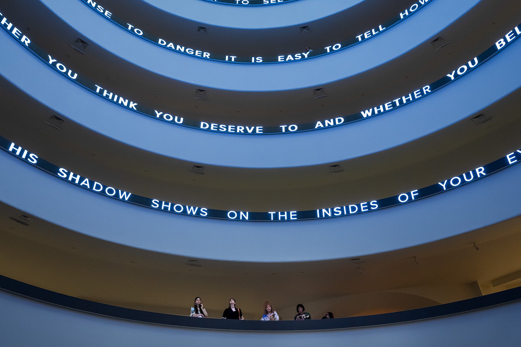 Installation for the Solomon R. Guggenheim Museum, 1989/2024
LED sign with blue, green, & red diodes
16.375 x 1944 in. / 41.6 x 4937.8 cm
Text: Living, 1980–82
Installation: Jenny Holzer: Light Line, Solomon R. Guggenheim Museum, New York, 2024
© 202