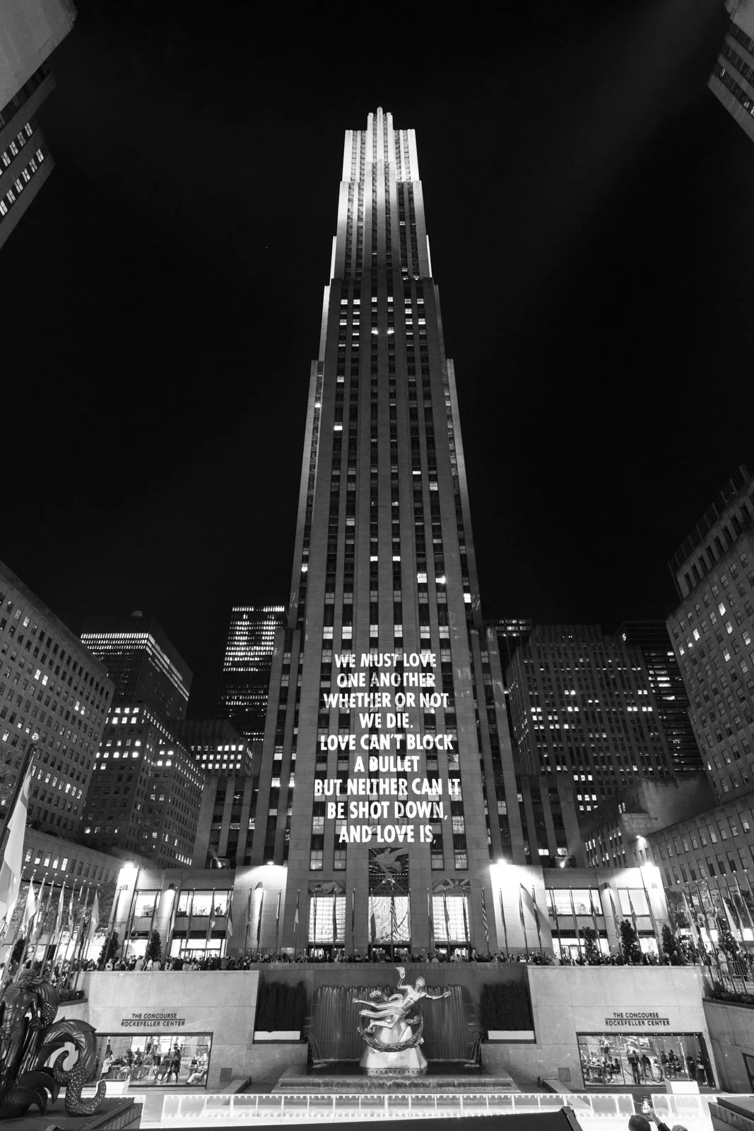 VIGIL, 2019
Light projection
Rockefeller Center, New York
“A Poem for Pulse” by Jameson Fitzpatrick, © 2017 by the author, from Bullets into Bells: Poets & Citizens Respond to Gun Violence. Used with permission of the author.
Presented by Creative Ti