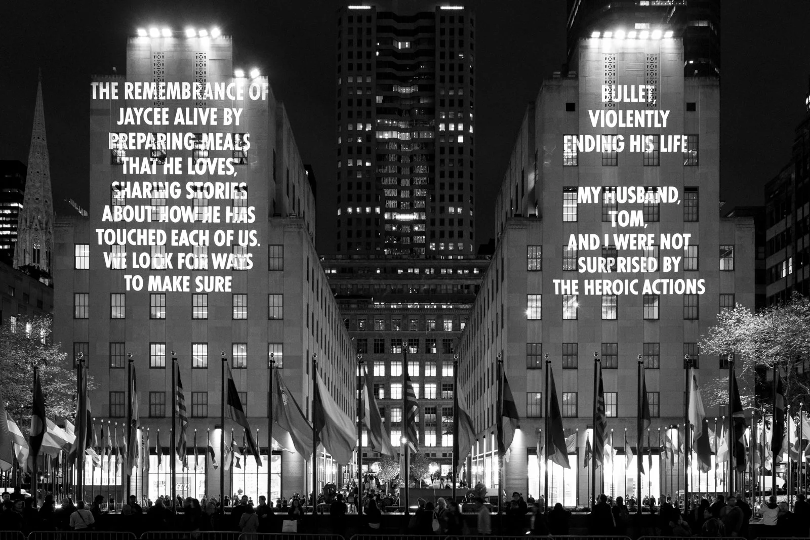VIGIL, 2019
Light projection
Rockefeller Center, New York
Testimony by Giselle Mörch, © 2019 by the author, from the Moments That Survive website of everytown.org, September 20, 2019. Used with permission of the author; “Response to ‘The Leash’” by C