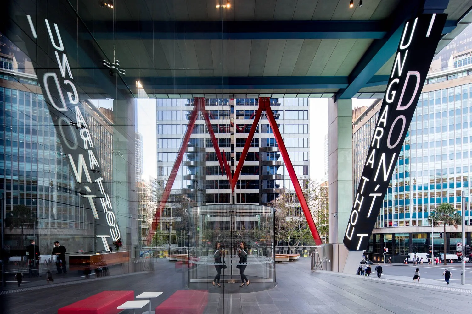 Site: 8 Chifley Square, Sydney
April 28, 2014–
Text: “Wondangar, Goon na Ghun (Whale and Star Fish)” by David Unaipon, © 1929 by the author, from Macquarie PEN Anthology of Aboriginal Literature, 2008. Used with permission of Harold Kropinyeri; “Two 