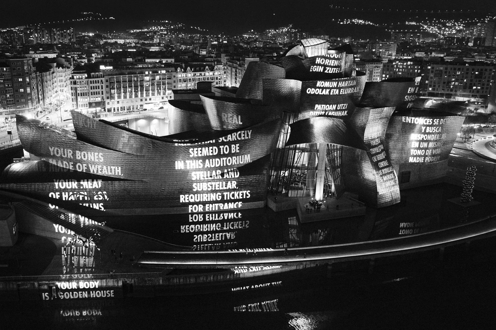 For Bilbao, 2019
Light projection
Museo Guggenheim Bilbao, Spain
Text: “Goddess of Matriarchy” from Talking to My Body by Anna Świrszczyńska, English translation by Czesław Miłosz and Leonard Nathan, © 1996 by the translators. Used with permission of