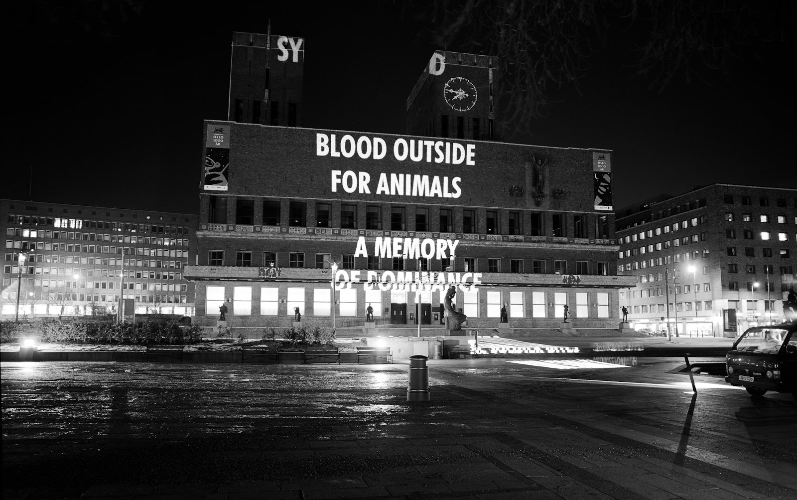 Site: Oslo City Hall, Oslo, Norway
January 28–30 and February 11–13, 2000
Text: Erlauf, 1995
Projection: Charles Passarelli
Photo: Steinar Myhre