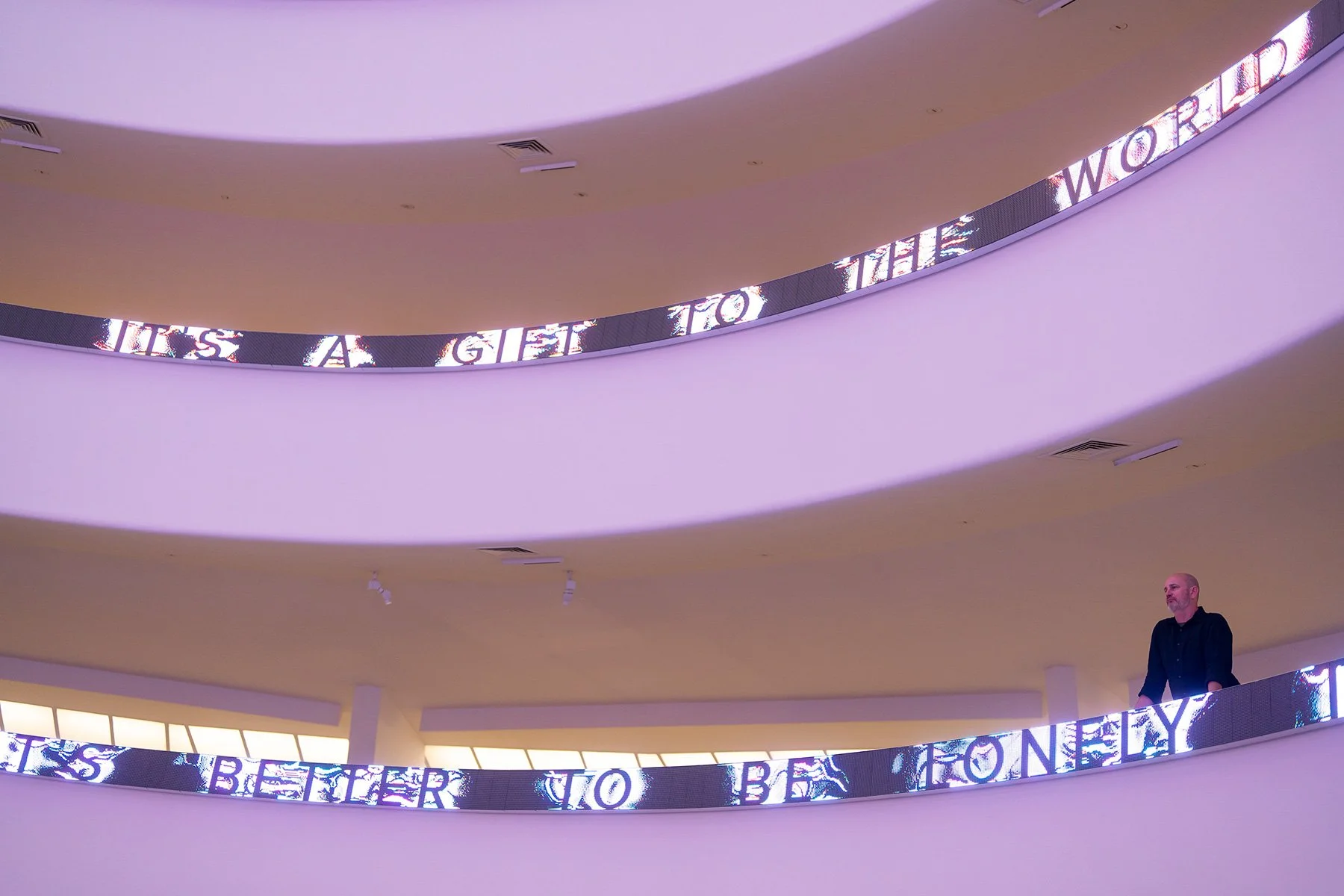 Installation for the Solomon R. Guggenheim Museum, 1989/2024
LED sign with blue, green, & red diodes
16.375 x 1944 in. / 41.6 x 4937.8 cm
Text: Truisms, 1977–79
Installation: Jenny Holzer: Light Line, Solomon R. Guggenheim Museum, New York, 2024
© 20