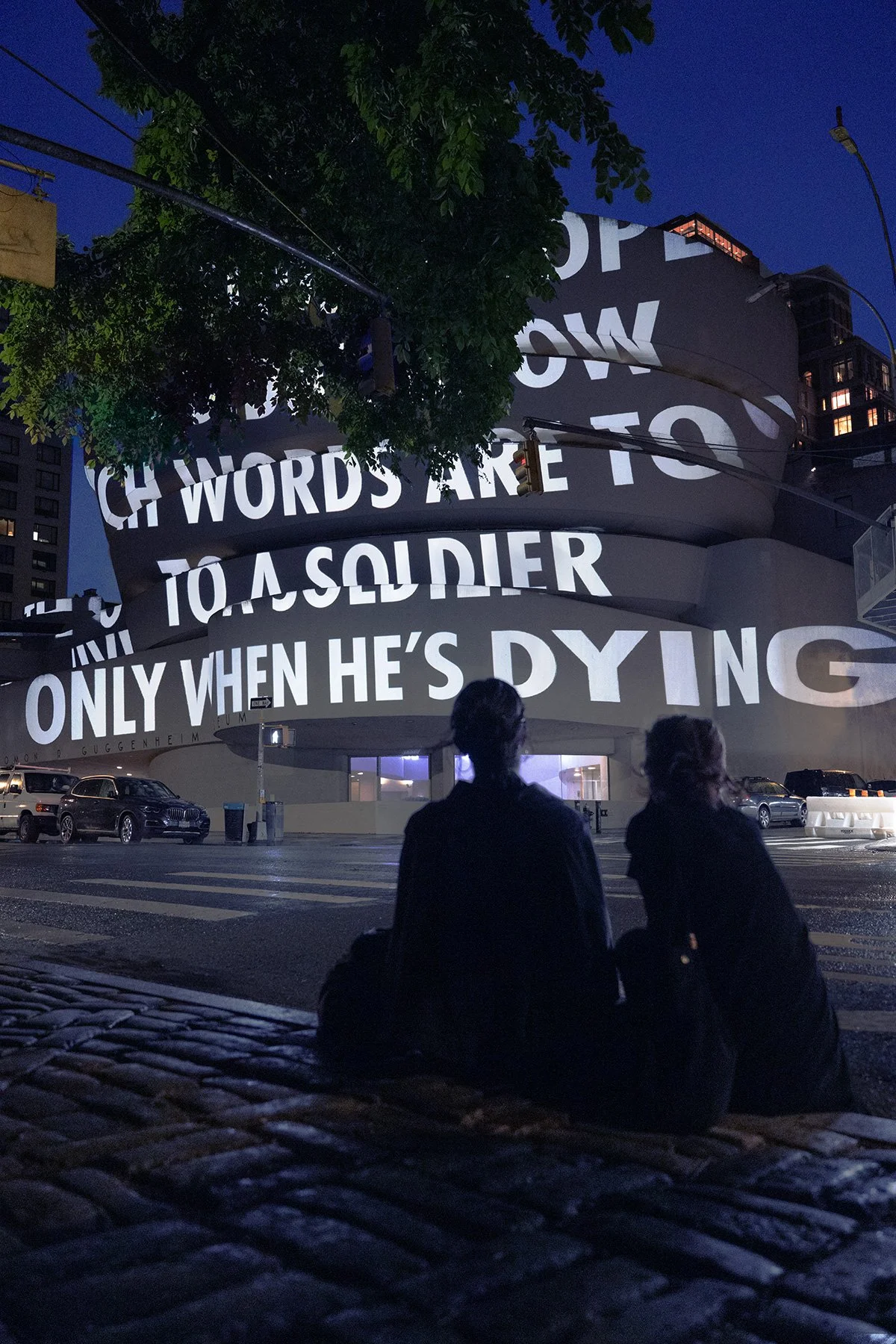 For The Guggenheim, 2008/2024
Light projection
Solomon R. Guggenheim Museum, New York
Text: “When a Soldier Is Dying” from Building the Barricade by Anna Świrszczyńska, English translation by Piotr Florczyk, © 2016 by Ludmiła Adamska-Orłowska and the