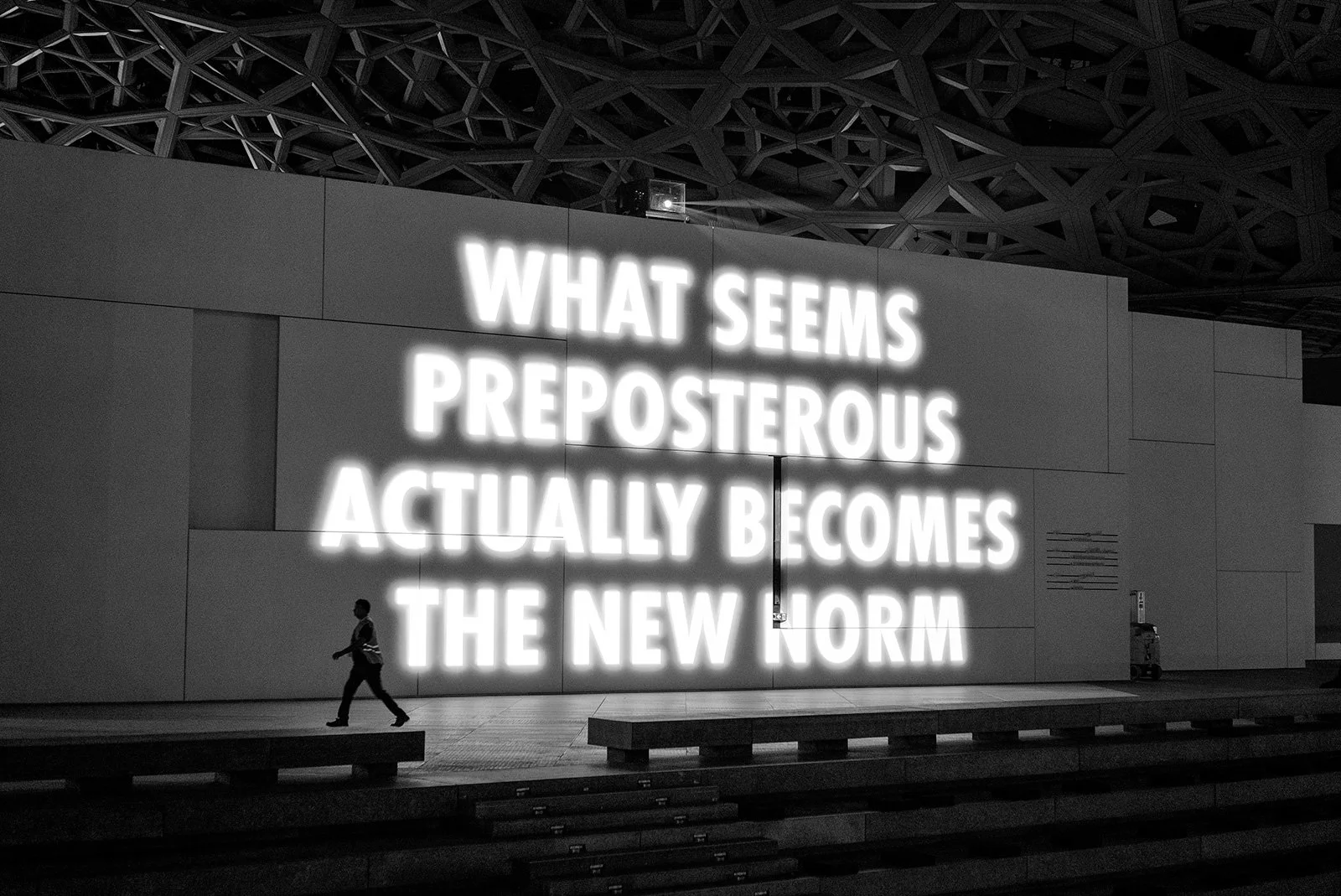 BIRTHDAY, 2022
Light projection
Louvre Abu Dhabi
Text: Virgil Abloh quoted in Abloh-isms, edited by Larry Warsh,© 2021 by LW Archives, Inc. Used with permission of Shannon Abloh and No More Rulers, Inc. / Princeton University Press.
Architect: Jean N