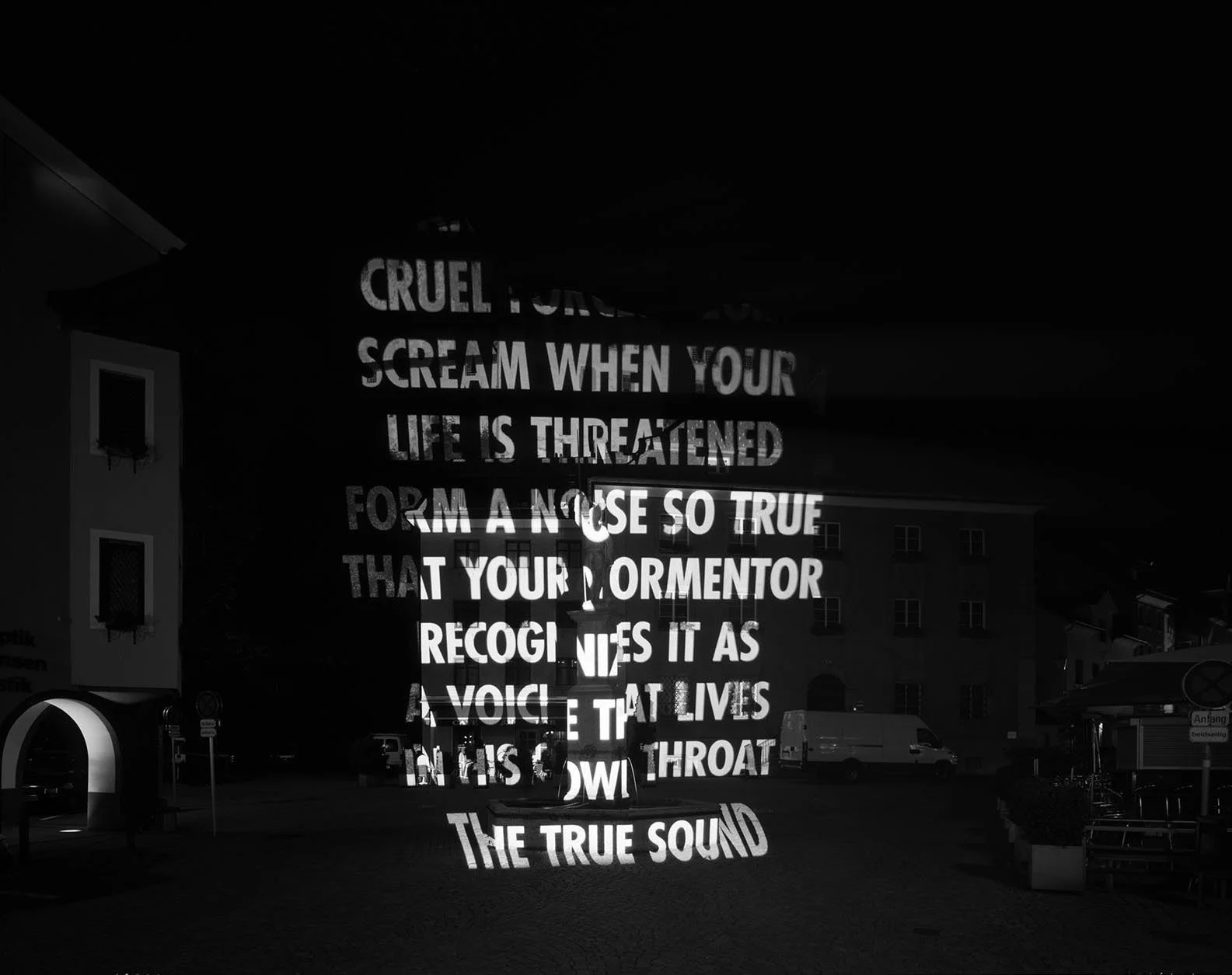 Site: Schattenburg Castle, Feldkirch, Austria
June 13, 2004
Text: Inflammatory Essays, 1979–82
Projection: FX Productions; Charles Passarelli
Photo: Attilio Maranzano