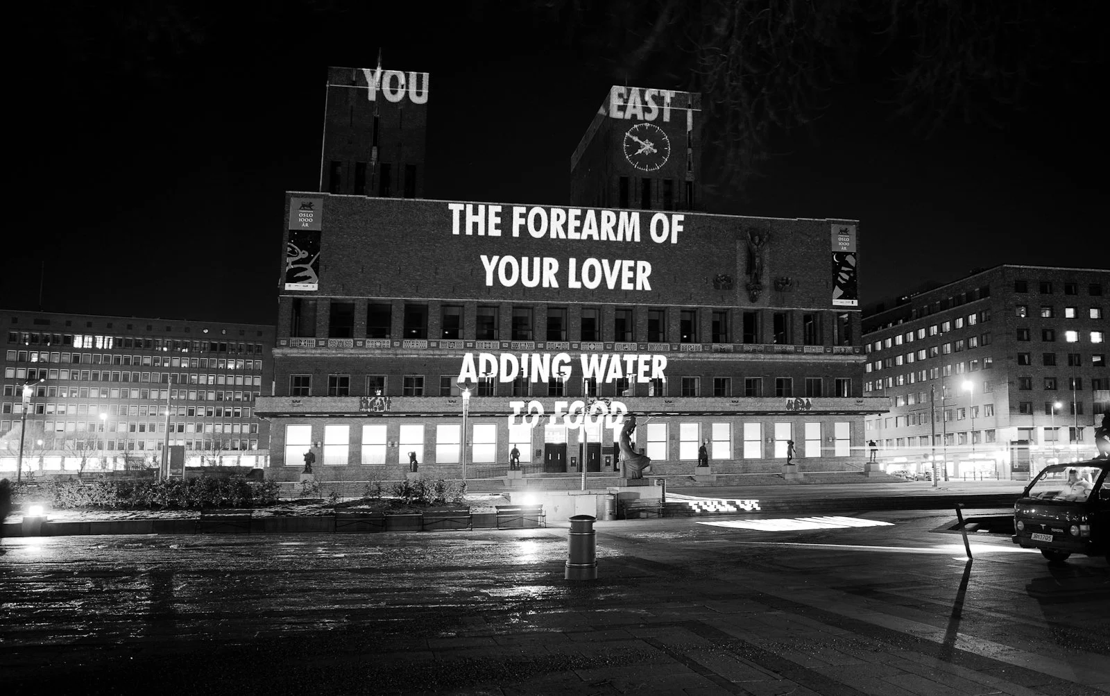 Site: Oslo City Hall, Oslo, Norway
January 28–30 and February 11–13, 2000
Text: Erlauf, 1995
Projection: Charles Passarelli
Photo: Steinar Myhre