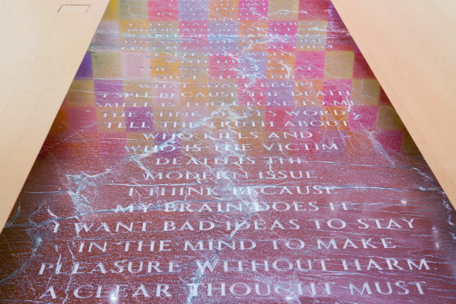 Laments: With only my mind…, 1989
Red Ankara marble sarcophagus
82 x 30 x 24.4 in. / 208.3 x 76.2 x 61.9 cm
Text: Laments, 1989


Inflammatory Wall, 1979–82
Wall of offset posters on colored paper
17 x 17 in. / 43.2 x 43.2 cm, each
Text: Inflammatory