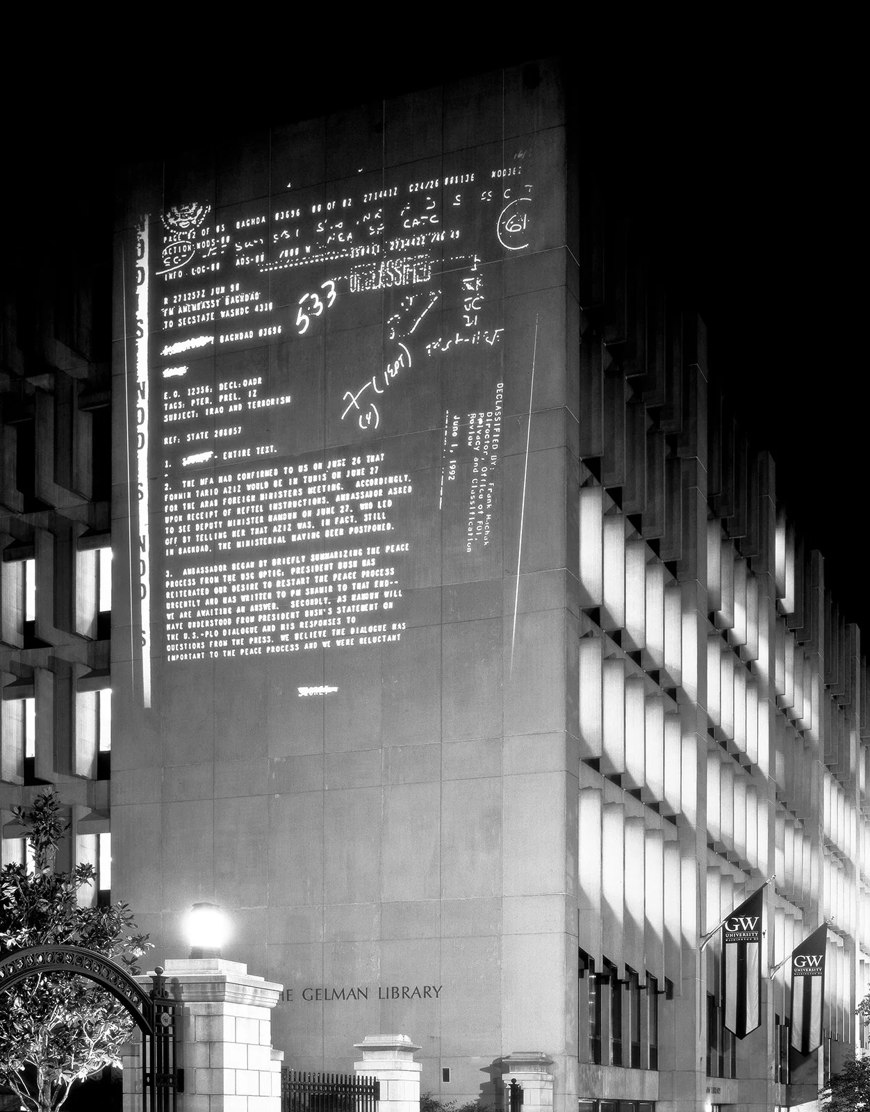 Site: Gelman Library, George Washington University, Washington, DC
October 30–31, 2004
Text: U.S. government document
Projection: FX Productions; Charles Passarelli
Photo: Attilio Maranzano