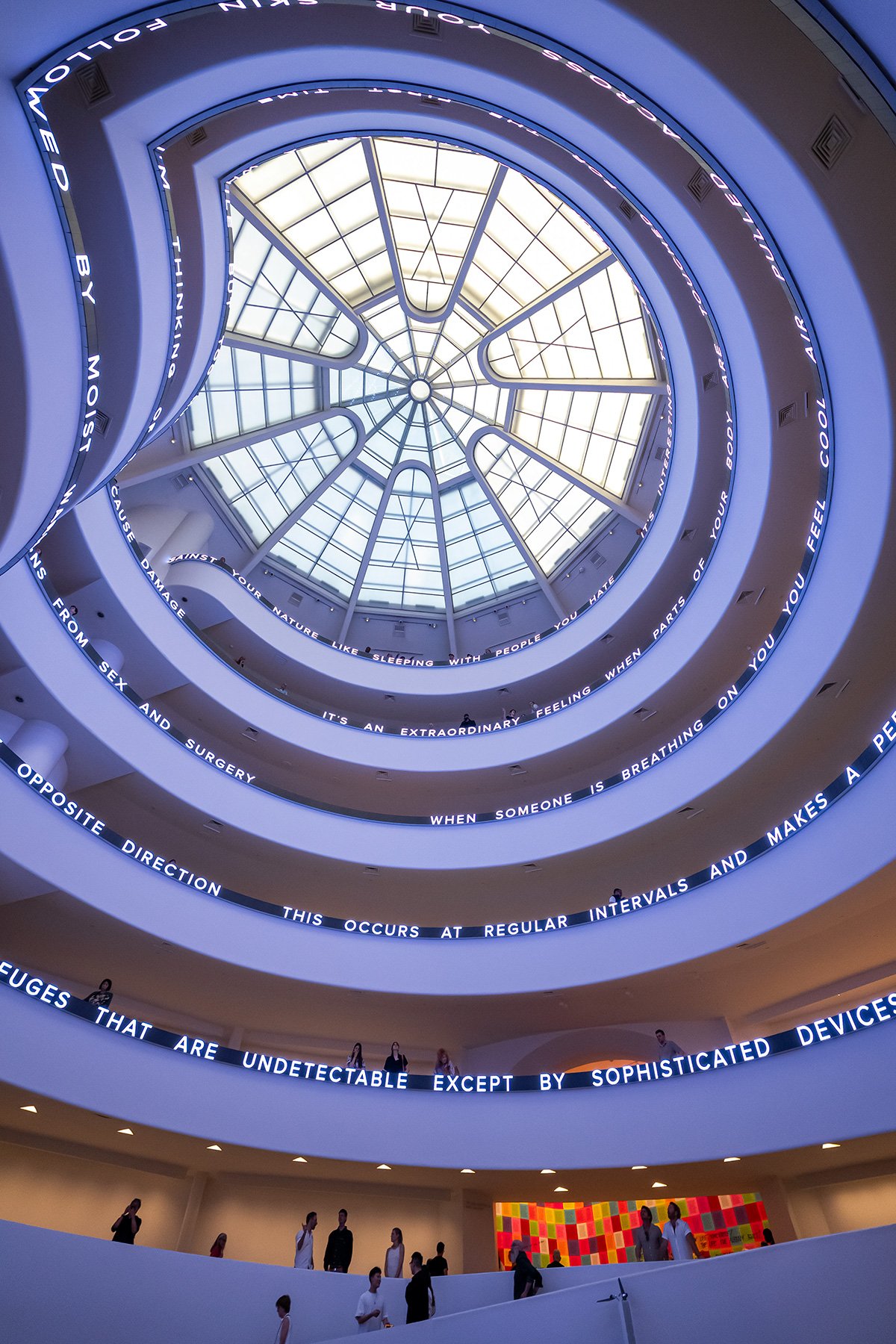 Installation for the Solomon R. Guggenheim Museum, 1989/2024
LED sign with blue, green, & red diodes
16.375 x 1944 in. / 41.6 x 4937.8 cm
Text: Living, 1980–82
Installation: Jenny Holzer: Light Line, Solomon R. Guggenheim Museum, New York, 2024
© 202