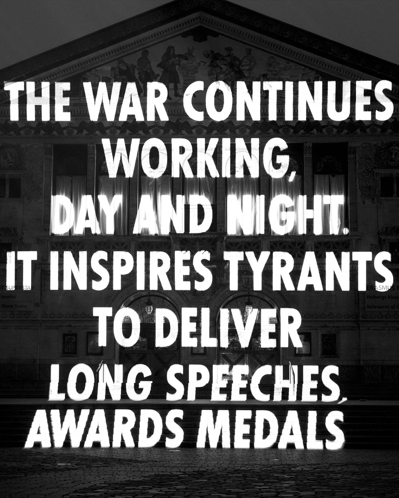 Site: Aarhus Theatre, Aarhus, Denmark
February 25 – March 6, 2017
Text: “The War Works Hard” from The War Works Hard by Dunya Mikhail, © 2005 by the author. English translation by Elizabeth Winslow, © 2005 by the translator. Used with permission of N