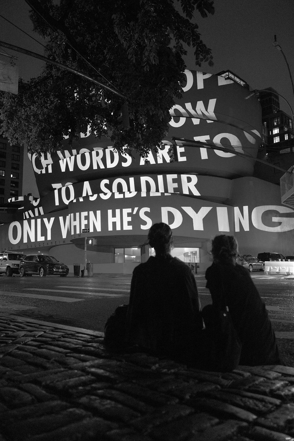 For The Guggenheim, 2008/2024
Light projection
Solomon R. Guggenheim Museum, New York
Text: “When a Soldier Is Dying” from Building the Barricade by Anna Świrszczyńska, English translation by Piotr Florczyk, © 2016 by Ludmiła Adamska-Orłowska and the