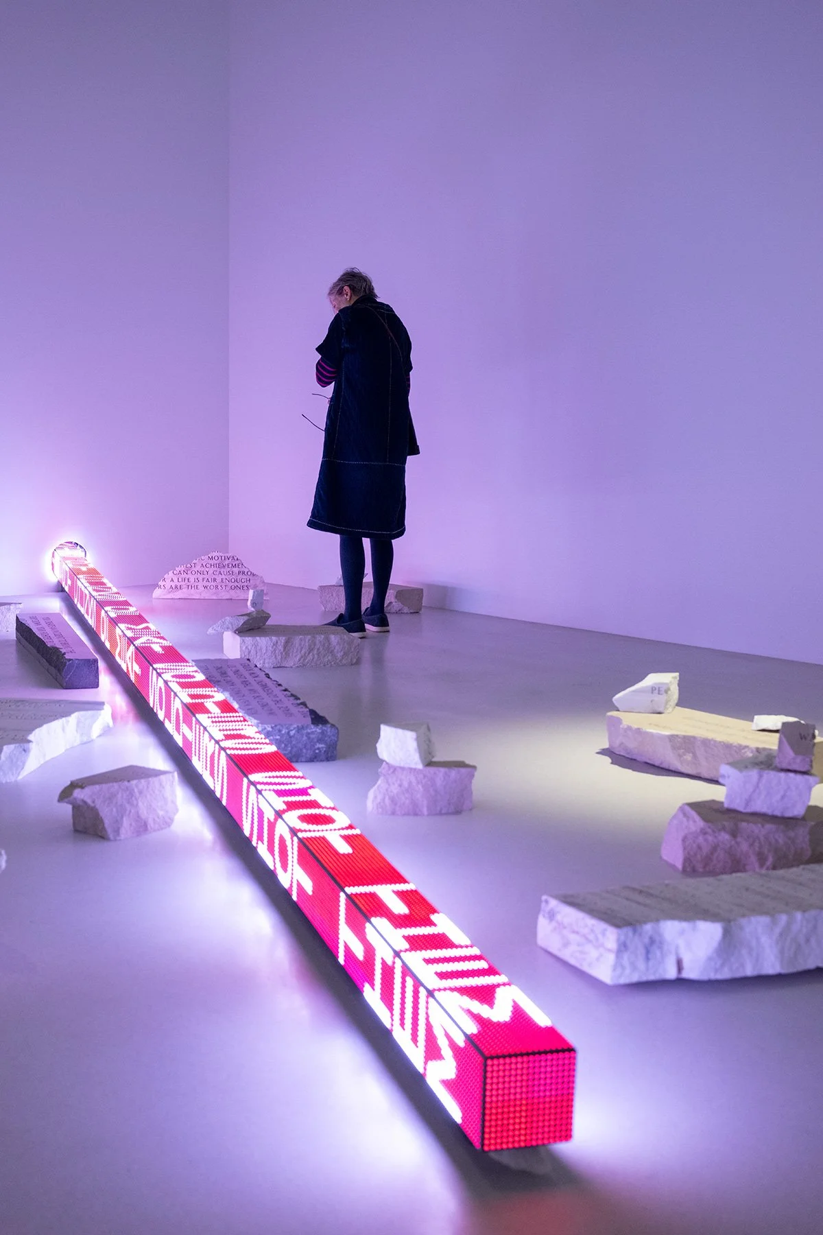 Ram, 2016
LED with blue, green, and red diodes
5.5 x 300 x 5.5 in. / 14 x 762 x 14 cm
Text: “On Chunks of Meat” from Building the Barricade by Anna Świrszczyńska, English translation by Piotr Florczyk, © 2016 by Ludmiła Adamska-Orłowska and the trans