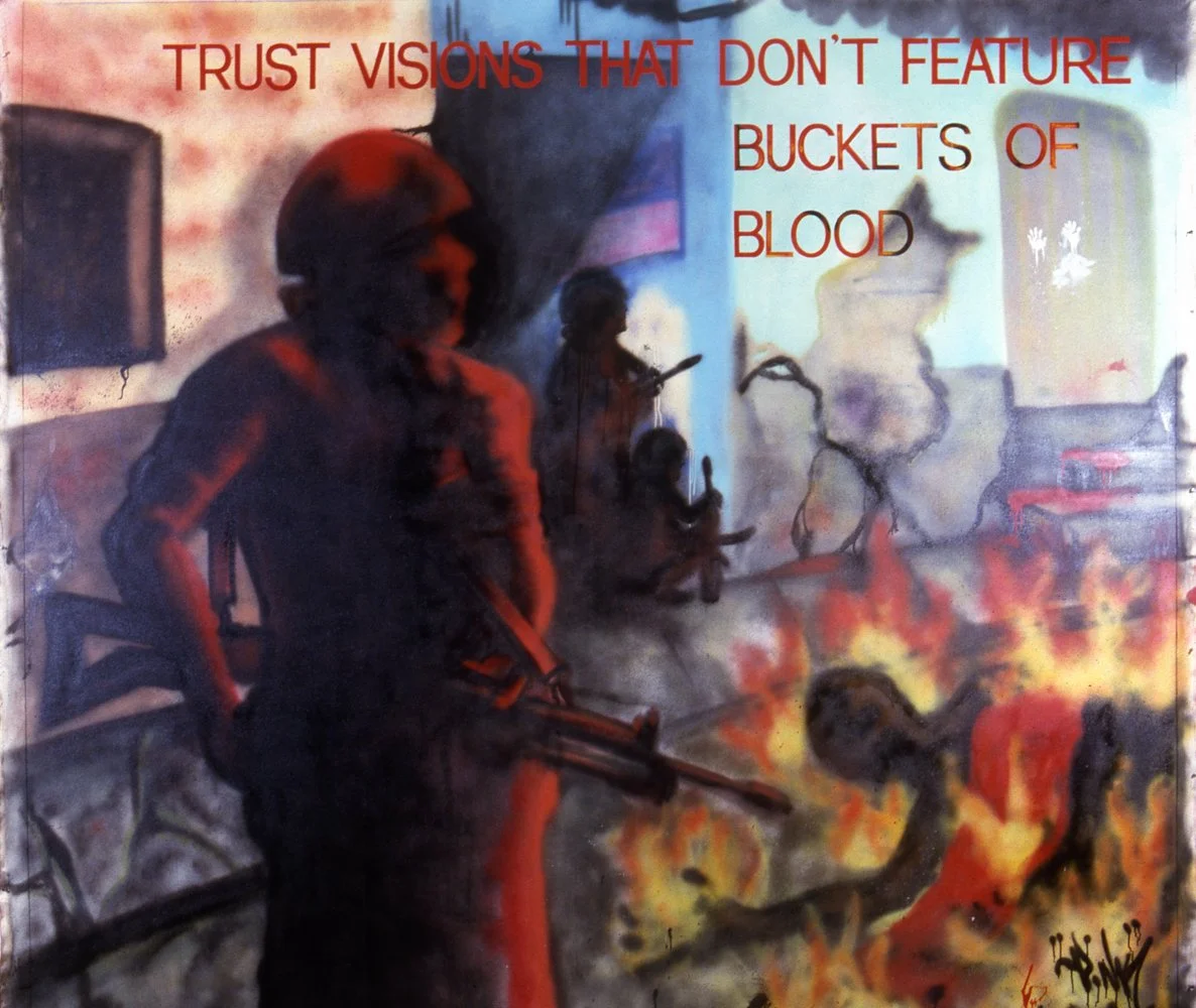 TRUST VISIONS THAT DON’T FEATURE BUCKETS OF BLOOD, with Lady Pink, c. 1983-84
Text: Survival, 1983–85