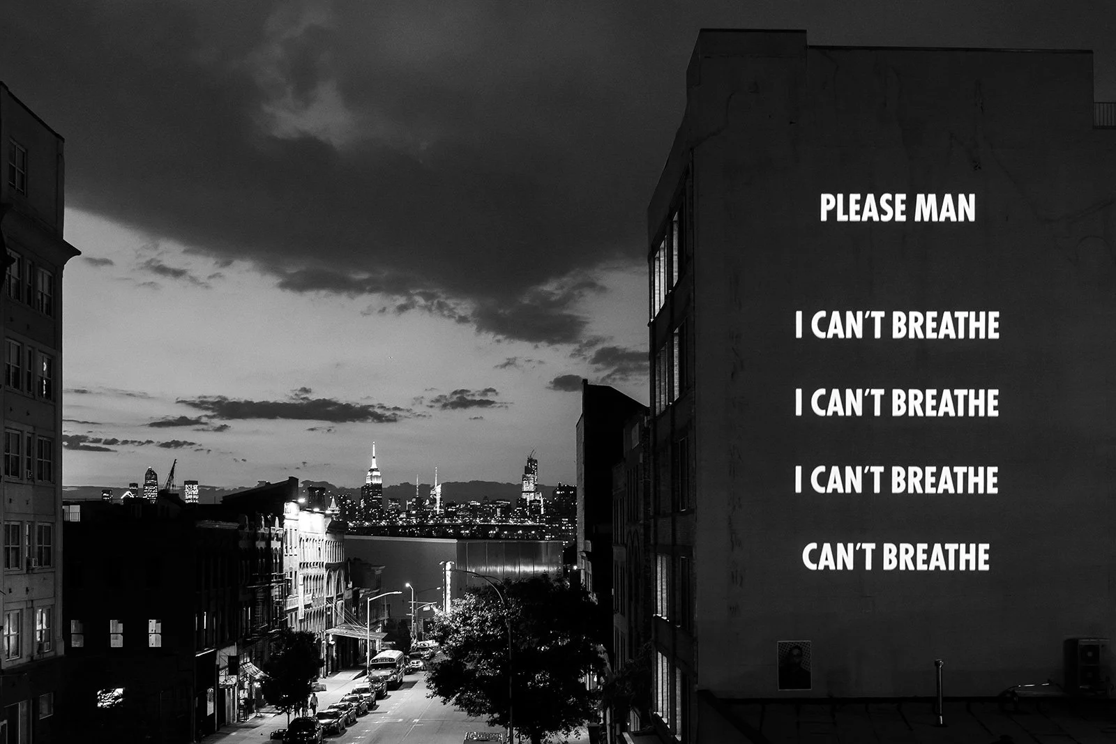 IN MEMORIAM, 2020
Light projection
77 Washington Avenue, New York
Text: Transcription of George Floyd’s last words plus 115 names of Black individuals who lost their lives to police violence and/or other forms of racial violence.
© 2020 Jenny Holzer,