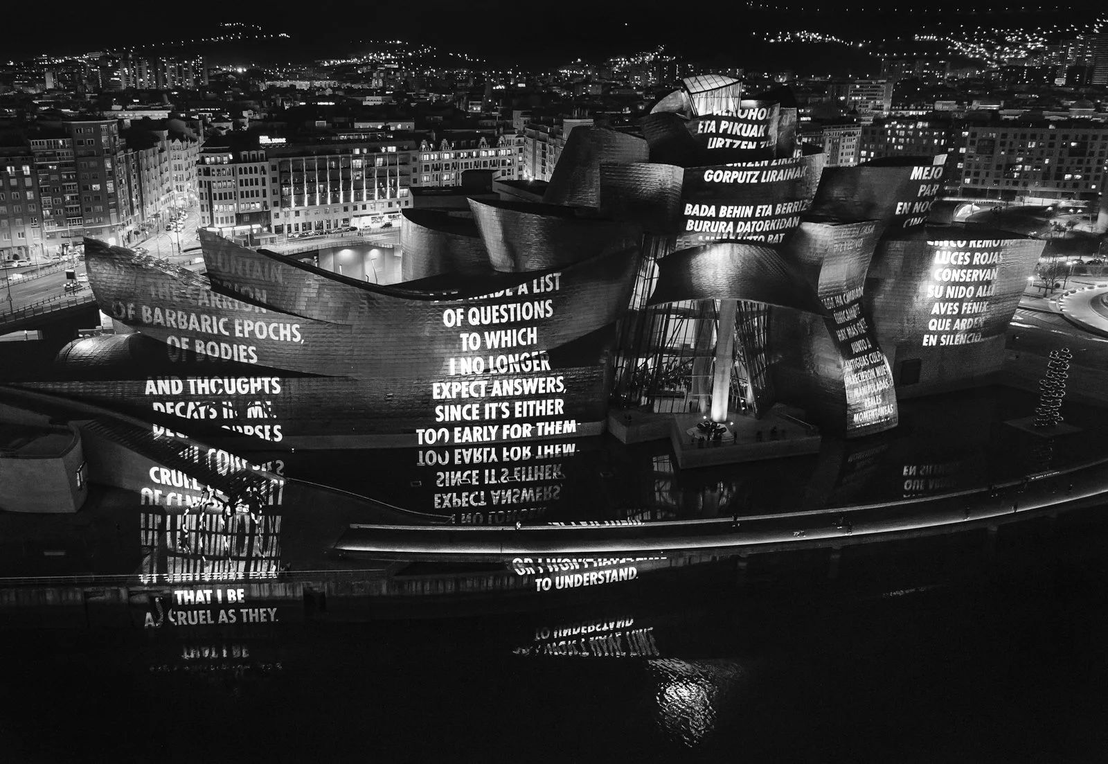 For Bilbao, 2019
Light projection
Museo Guggenheim Bilbao, Spain
Text: “I Do Not Accept” from Talking to My Body by Anna Świrszczyńska, English translation by Czesław Miłosz and Leonard Nathan, © 1996 by the translators. Used with permission of Ludmi