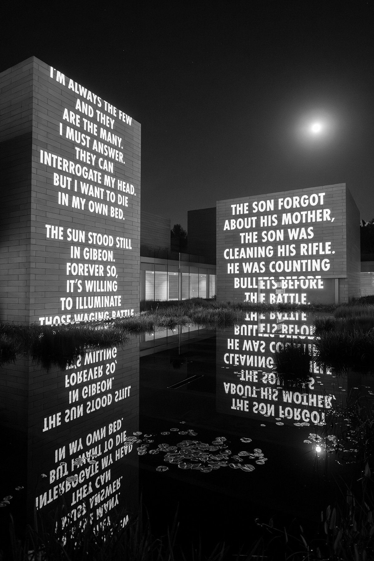 what you love, 2025
Light Projection
Glenstone Museum, Potomac, Maryland, USA
Text: “I Want to Die in My Own Bed” from Yehuda Amichai: A Life of Poetry 1948–1994, English translation by Benjamin Harshav and Barbara Harshav, © 1994 by HarperCollins Pu