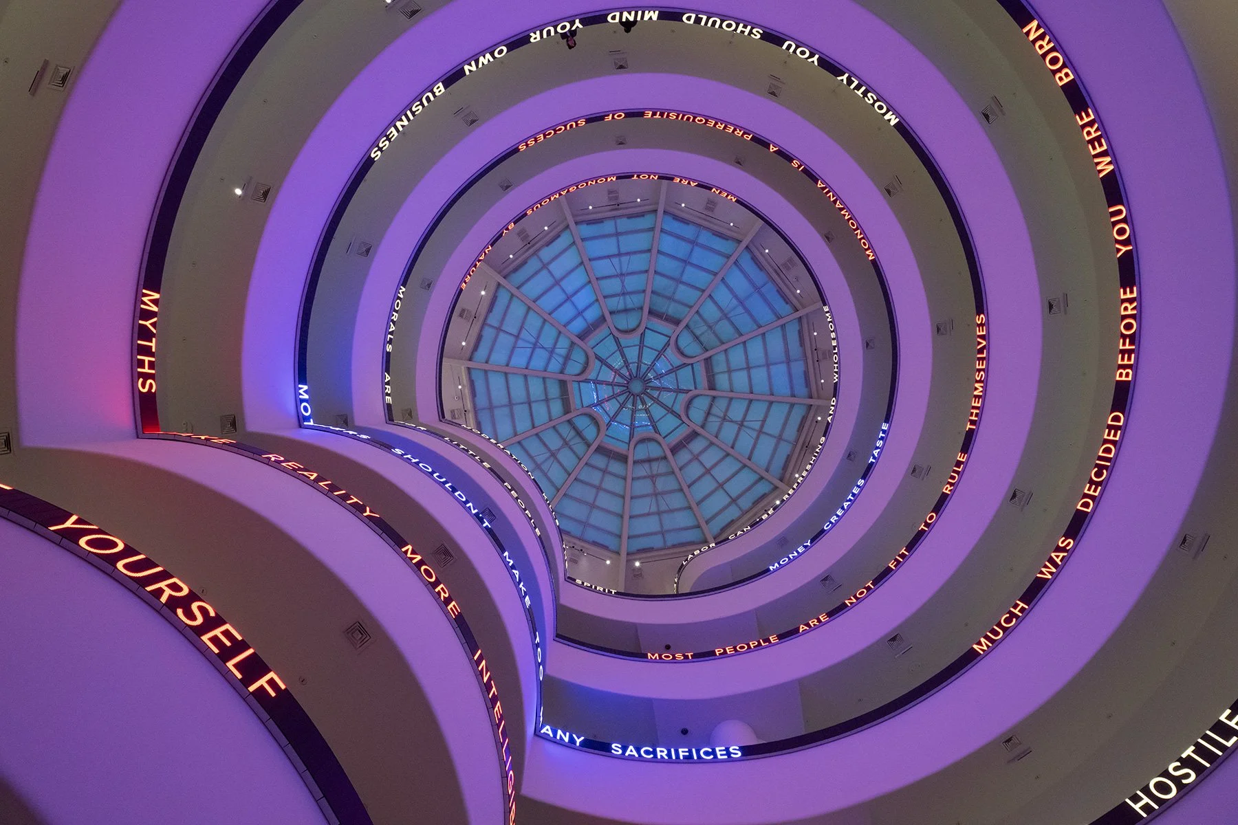 Installation for the Solomon R. Guggenheim Museum, 1989/2024
LED with blue, green, and red diodes
16.375 x 1944 in. / 41.6 x 4937.8 cm
Text: Truisms, 1977–79
Installation: Jenny Holzer: Light Line, Solomon R. Guggenheim Museum, New York, 2024
© 2024 