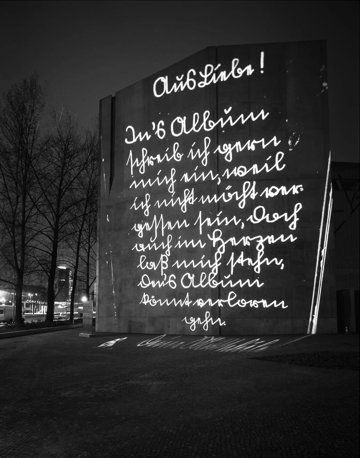Site: Jewish Museum, Berlin, Germany
February 8, 2001
Text: Poetry album entry, author unknown, 1932
Projection: FX Productions; Charles Passarelli
Photo: Attilio Maranzano