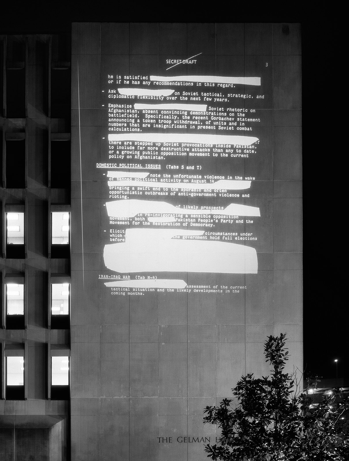 Site: Gelman Library, George Washington University, Washington, DC
October 30–31, 2004
Text: U.S. government document
Projection: FX Productions; Charles Passarelli
Photo: Attilio Maranzano